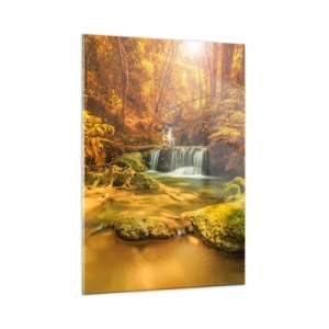 Obraz na szkle - Leśna kaskada w złocie - 50x70cm - Leśna kaskada w złocie - Nowoczesna dekoracja ścienna do salonu, kuchni i sypialni ARTTOR