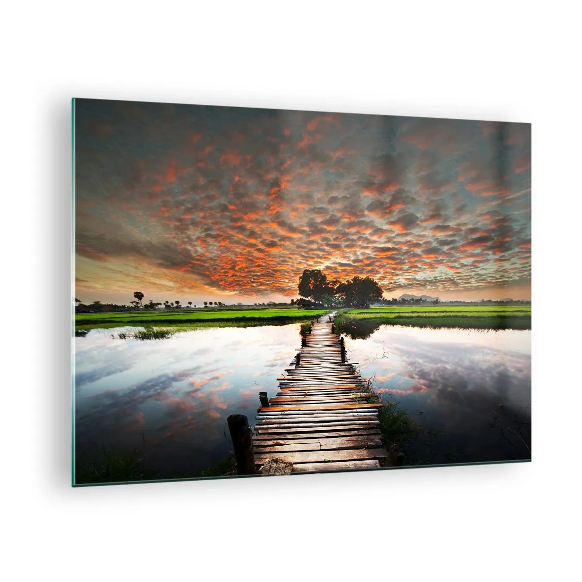 Obraz na szkle - Drewniany mostek nad rzeką przy zachodzie słońca - 70x50cm - Rozłóż ramiona - oddychaj  - Nowoczesna dekoracja ścienna do salonu i sypialni ARTTOR