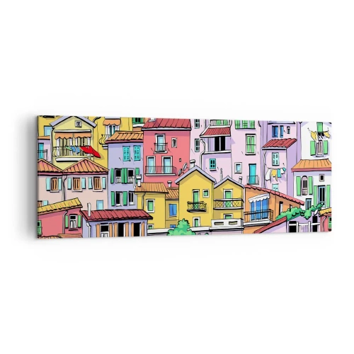 Obraz na płótnie - Kolorowe kamienice w żywej, radosnej stylistyce - 140x50cm - Wesołe miasto - Nowoczesna dekoracja ścienna do salonu i sypialni ARTTOR