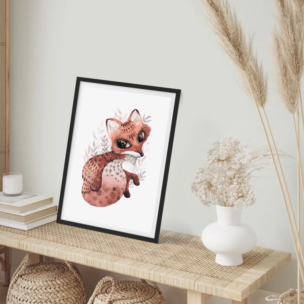 Plakat w czarnej ramie - Uroczy lisek w stylu akwarelowym na białym tle - 50x70cm - Tylko pokochać - Nowoczesna dekoracja ścienna do salonu i sypialni ARTTOR