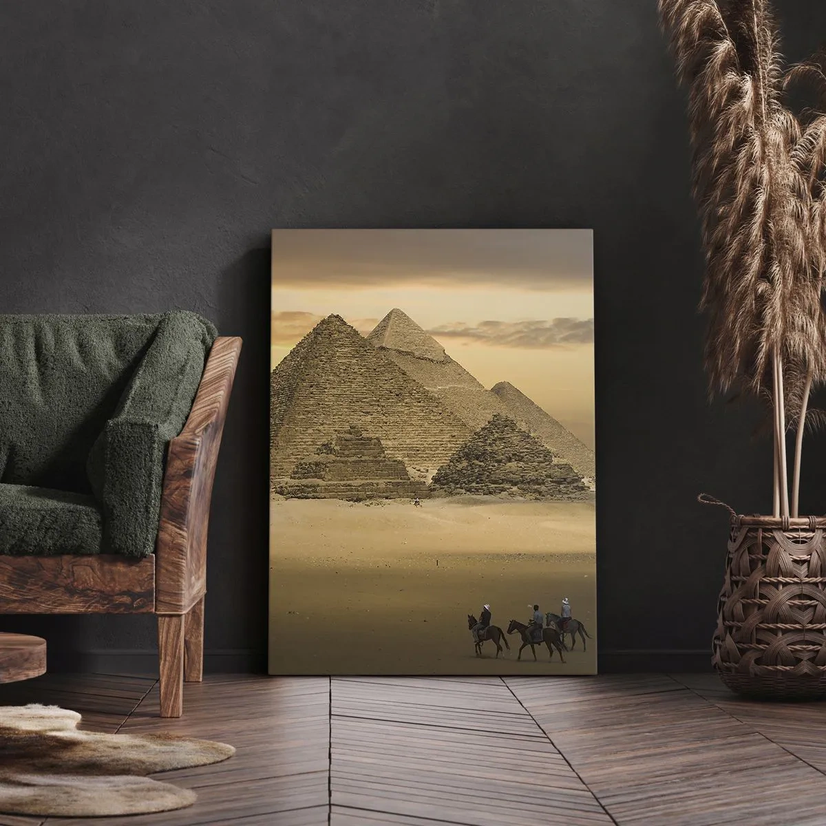 Obraz na płótnie - Piramidy egipskie o zachodzie słońca - 50x70cm - Bez zmian od tysięcy lat - Nowoczesna dekoracja ścienna do salonu, kuchni i sypialni ARTTOR