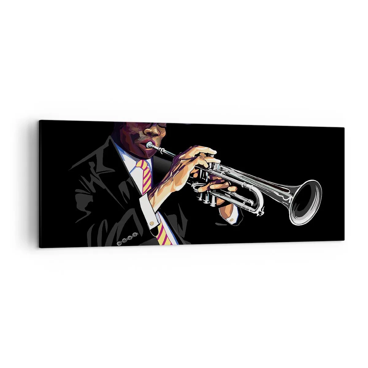 Obraz na płótnie - Muzyk grający na trąbce na czarnym tle - 140x50cm - Czar starej szkoły - Nowoczesna dekoracja ścienna do salonu i sypialni ARTTOR