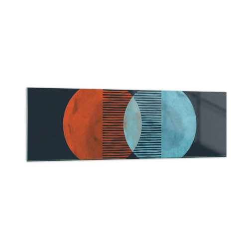 Obraz na szkle - Dwa koła w kolorze pomarańczowym i niebieskim na ciemnym tle - 160x50cm - Astronomiczna fantazja - Nowoczesna dekoracja ścienna do salonu i sypialni ARTTOR