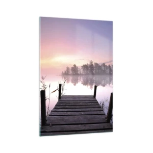 Obraz na szkle - Pomost nad jeziorem o świcie z mgłą i pastelowym niebem - 70x100cm - Z liliowej mgły... - Nowoczesna dekoracja ścienna do salonu i sypialni ARTTOR