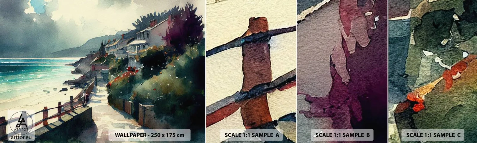 Fototapeta Próbka Samoprzylepna Deluxe Sticker - Śródziemnomorskie miasteczko - Domy, Pejzaż, Plaża - 100x30 cm