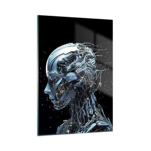 Obraz na szkle - Profil kobiecego robota z przewodami i mechanizmami - 50x70cm - Technologia jest kobietą - Nowoczesna dekoracja ścienna do salonu, kuchni i sypialni ARTTOR
