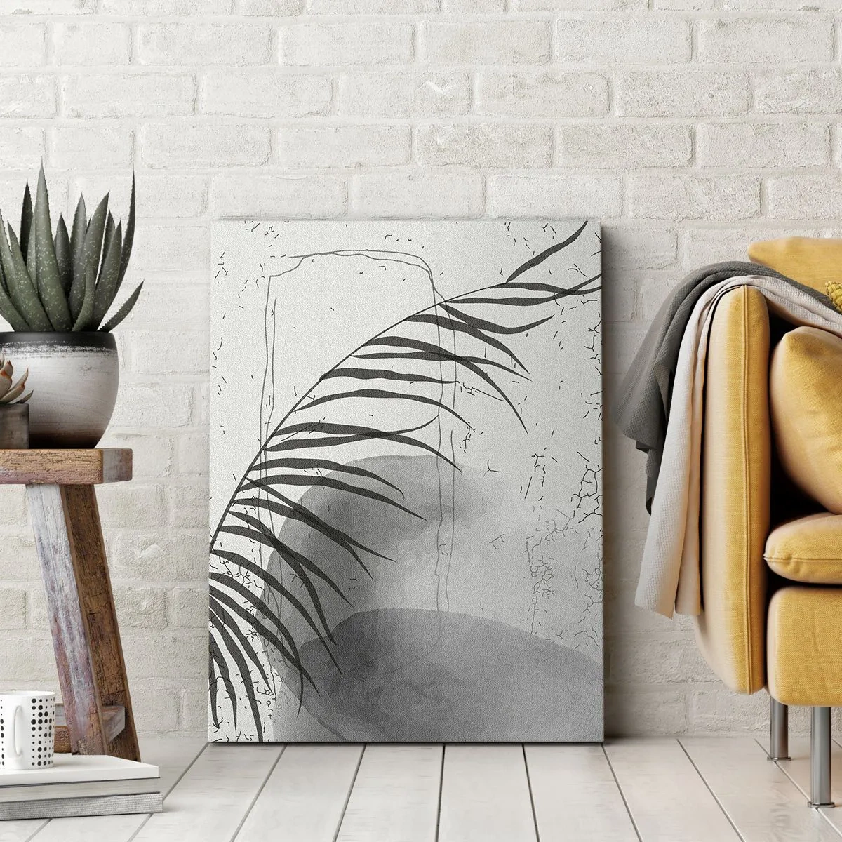 Obraz na płótnie - Delikatny motyw liścia palmy na jasnym tle w stylu skandynawskim - 70x100cm - Subtelna egzotyka natury - Nowoczesna dekoracja ścienna do salonu i sypialni ARTTOR