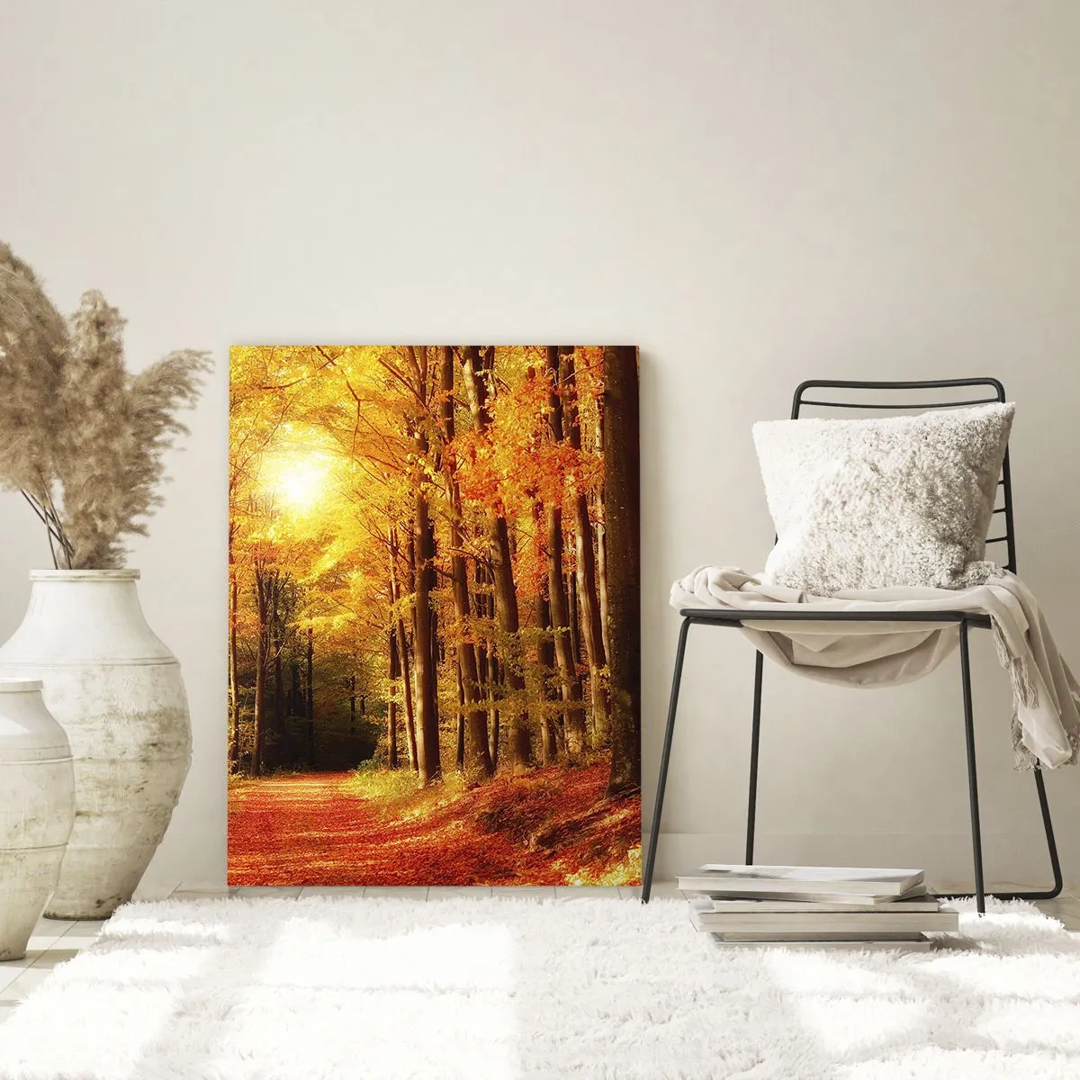 Obraz na szkle - Jesienny las skąpany w złotych promieniach słońca - 50x70cm - Złota jesień na leśnej drodze - Nowoczesna dekoracja ścienna do salonu, kuchni i sypialni ARTTOR