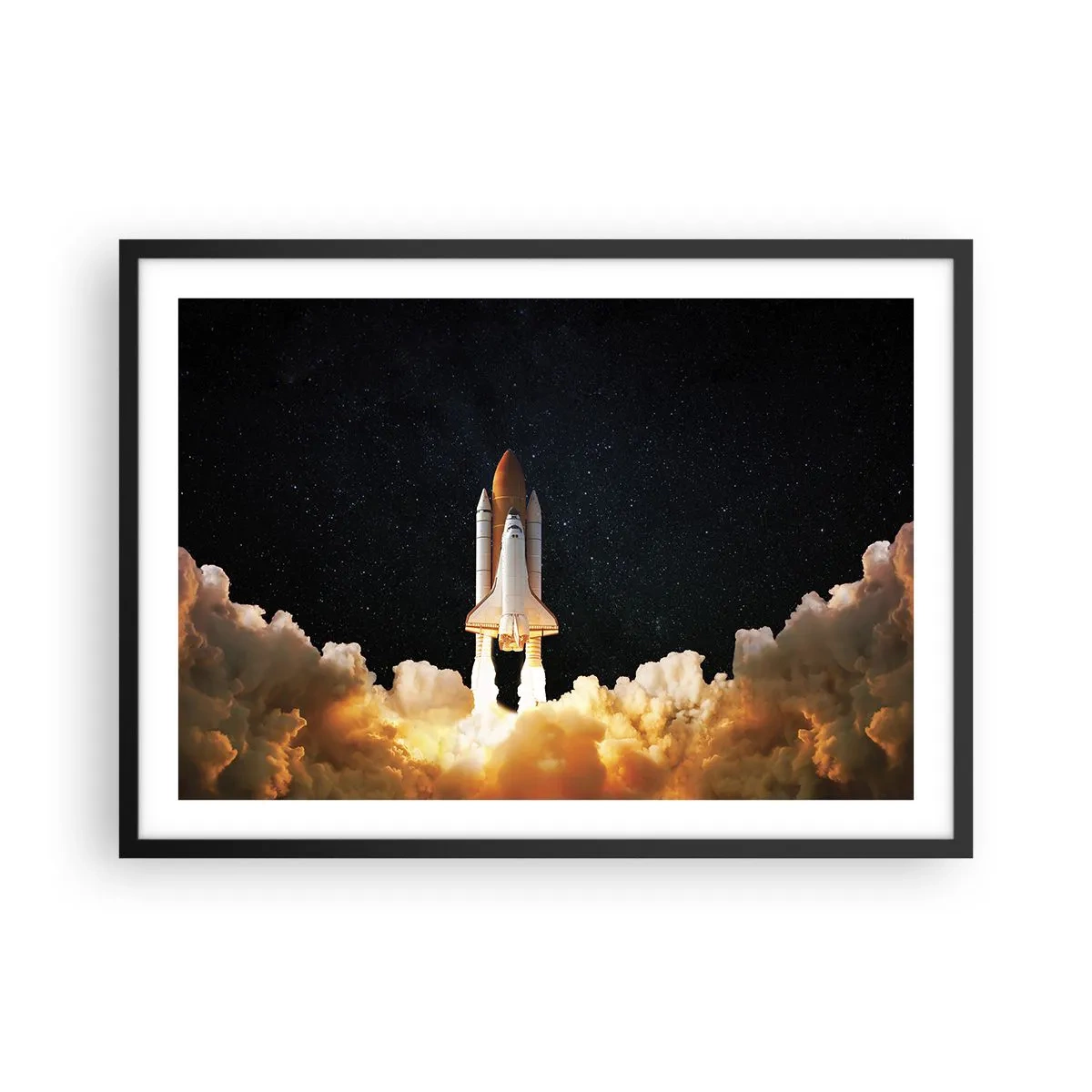 Plakat w czarnej ramie - Startująca rakieta kosmiczna na tle gwiaździstego nieba - 70x50cm - Ad astra! - Nowoczesna dekoracja ścienna do salonu i sypialni ARTTOR
