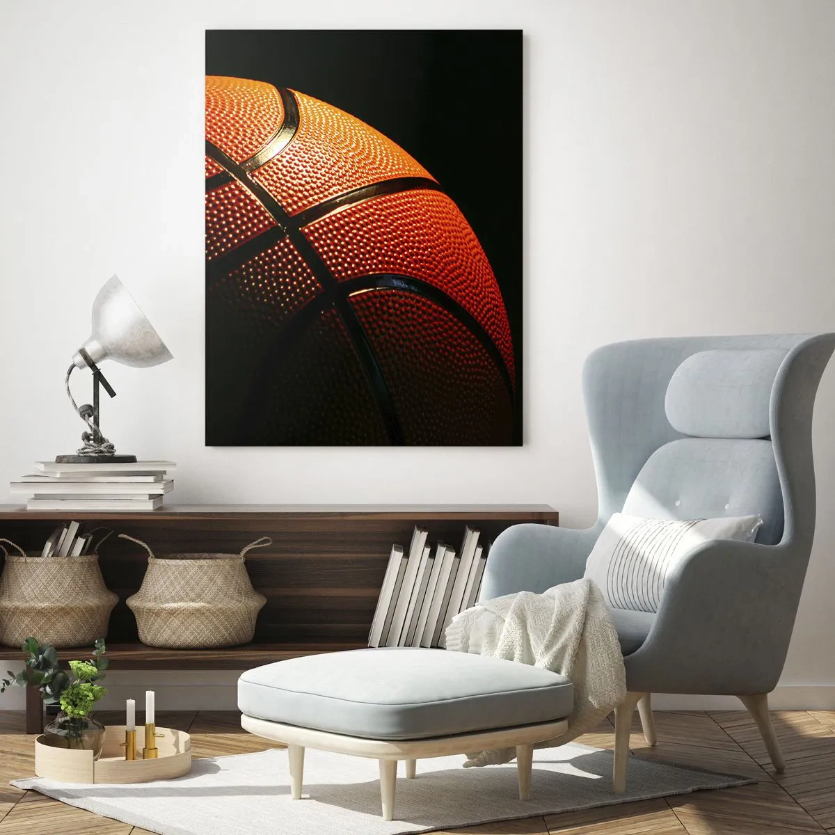 Obraz na szkle - Zbliżenie na piłkę do koszykówki na czarnym tle - 70x100cm - Piękna jak planeta - Nowoczesna dekoracja ścienna do salonu i sypialni ARTTOR