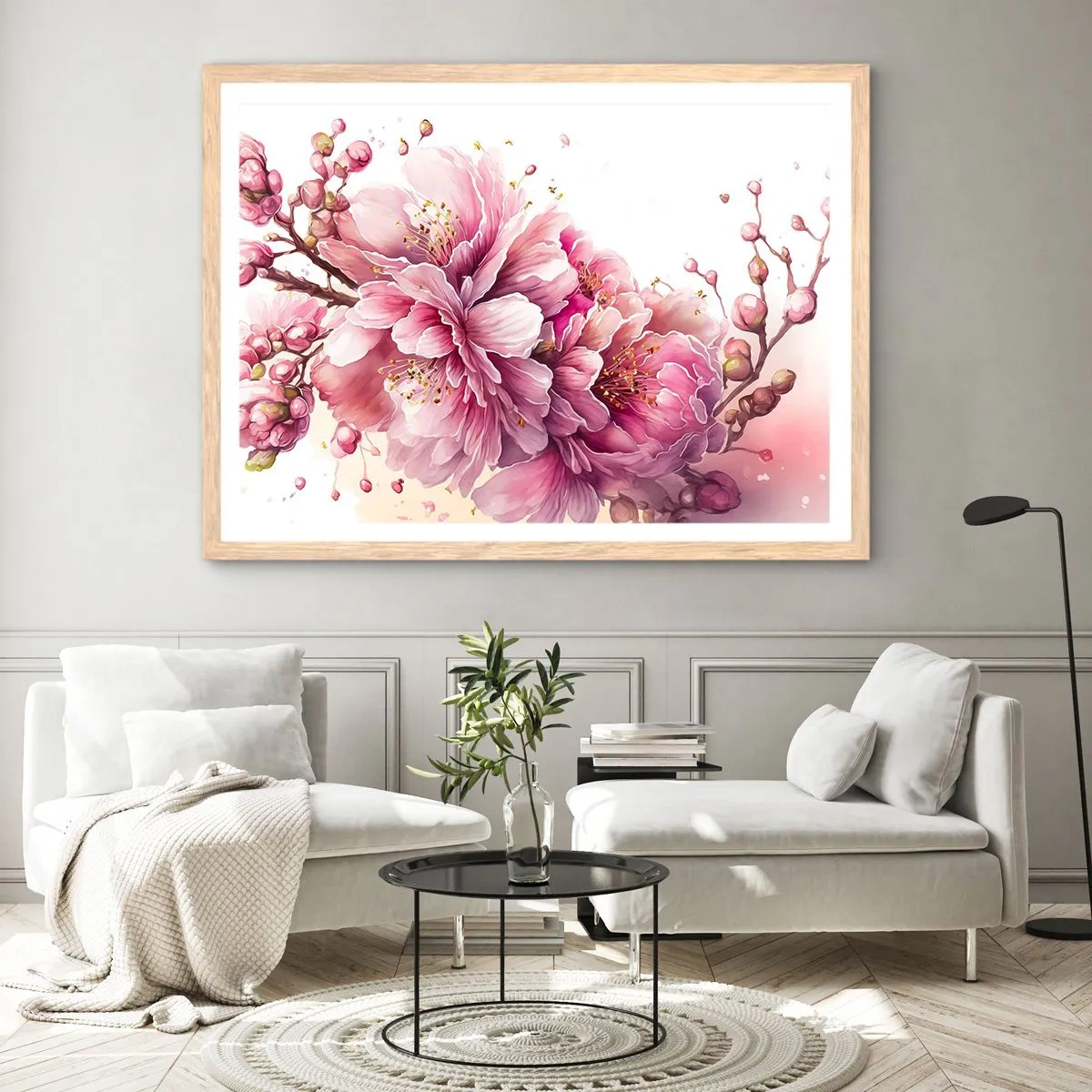 Plakat w ramie jasny dąb - Kwiat kwitnącej wiśni - 70x50 cm
