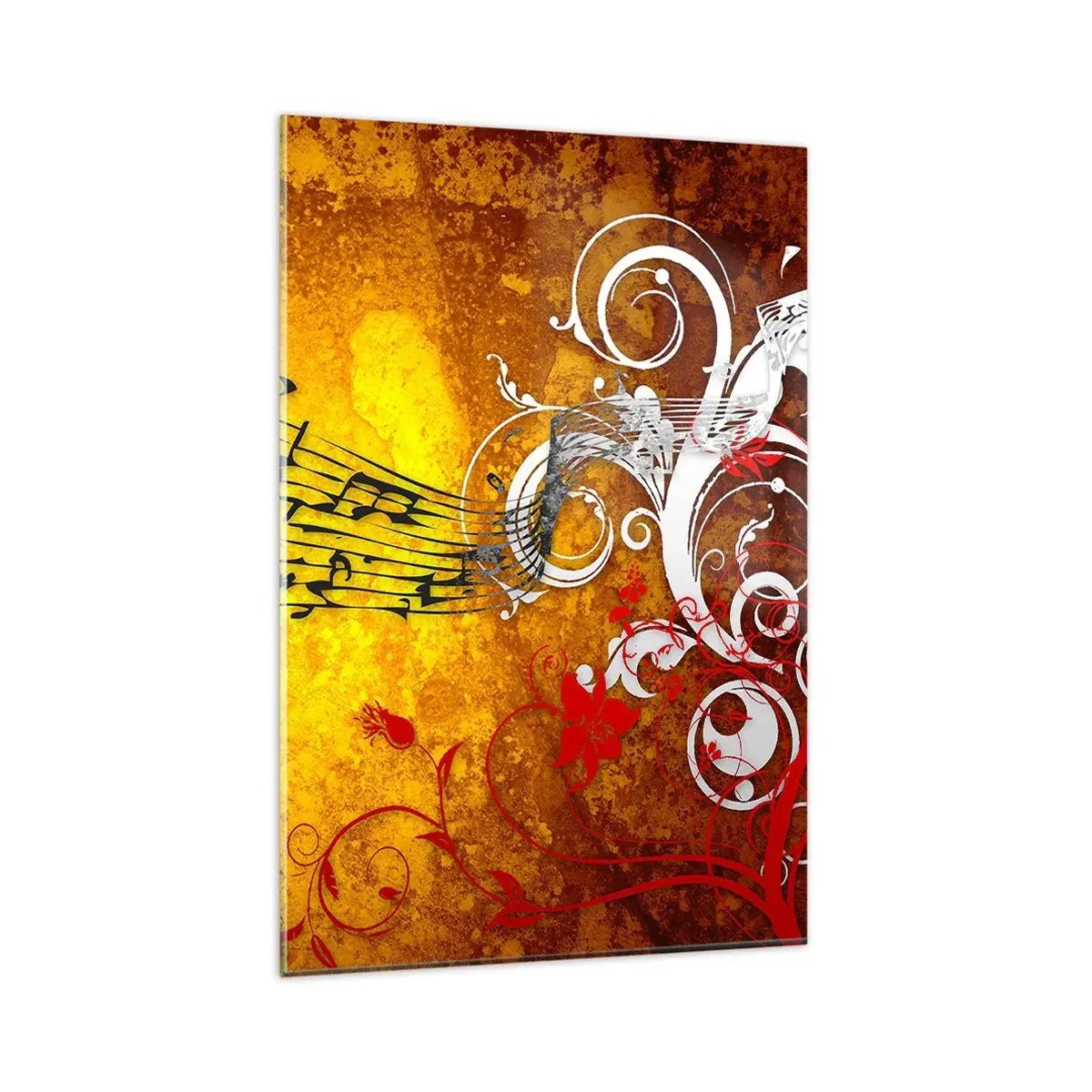 Obraz na szkle - Abstrakcyjne nuty muzyczne na kolorowym tle z ornamentami - 80x120cm - Niech płynie muzyka - Nowoczesna dekoracja ścienna do salonu i sypialni ARTTOR