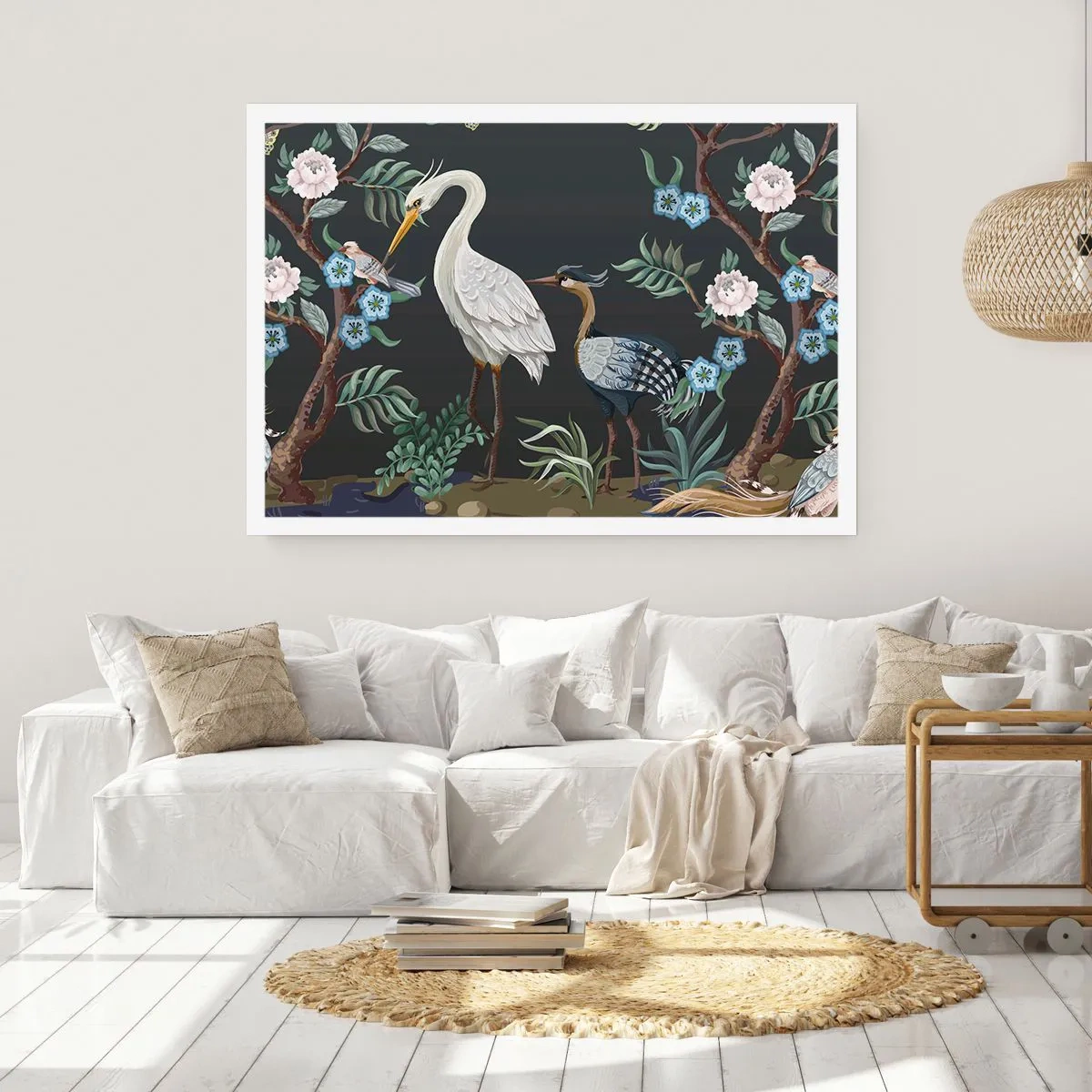 Plakat - Malowane ptaki i rośliny na ciemnym tle o eleganckim wzorze - 100x70cm - Ptasia parada - Nowoczesna dekoracja ścienna do salonu i sypialni ARTTOR