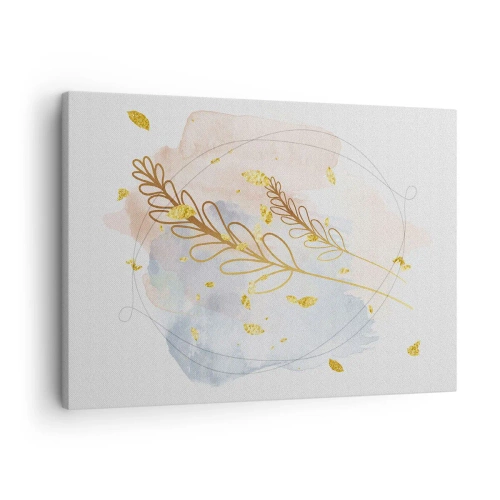 Obraz na płótnie - Delikatny motyw liści w złotym kolorze na pastelowym tle z akwarelowymi detalami - 70x50cm - Złoty podmuch - Nowoczesna dekoracja ścienna do salonu i sypialni ARTTOR