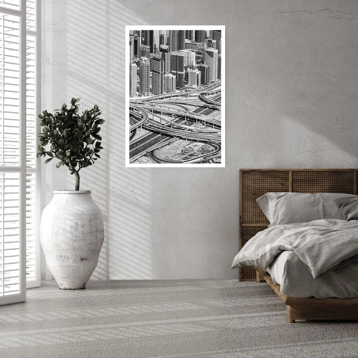 Plakat - Miejska panorama z siecią dróg w czarno-białym stylu - 50x70cm - Dubaj – miasto niemożliwe - Nowoczesna dekoracja ścienna do salonu, kuchni i sypialni ARTTOR