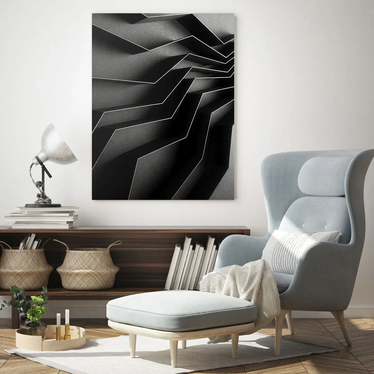Obraz na szkle - Czarne geometryczne formy z głębią i światłocieniem - 50x70cm - Przestrzenny porządek - Nowoczesna dekoracja ścienna do salonu, kuchni i sypialni ARTTOR