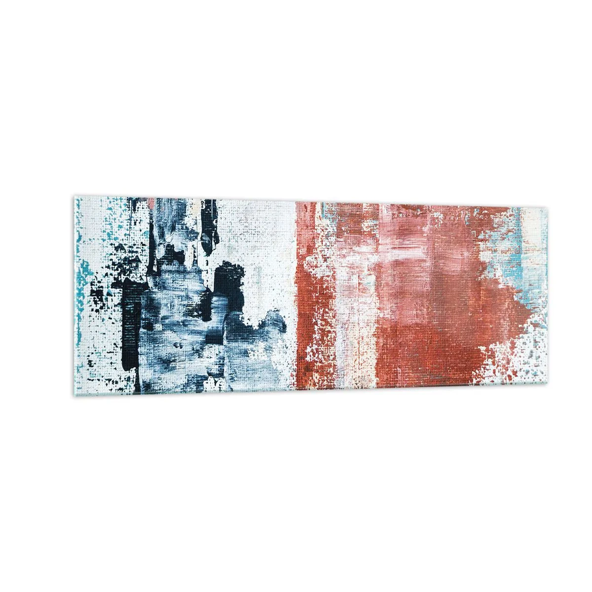 Obraz na szkle - Abstrakcja w biało-niebieskich i ceglanych barwach - 140x50cm - Abstrakcyjne pół na pół - Nowoczesna dekoracja ścienna do salonu i sypialni ARTTOR