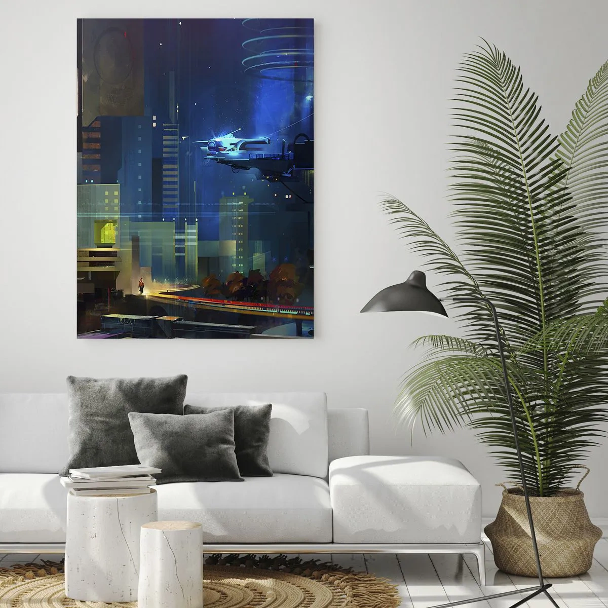 Obraz na szkle - Futurystyczne miasto nocą z neonami i latającym pojazdem - 70x100cm - W niedalekiej przyszłości - Nowoczesna dekoracja ścienna do salonu i sypialni ARTTOR