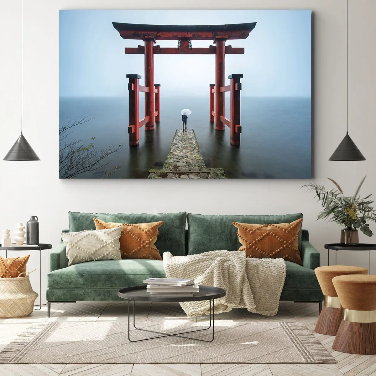 Obraz na płótnie - Brama torii nad spokojnym jeziorem w Japonii - 100x70cm - Japońska zaduma - Nowoczesna dekoracja ścienna do salonu, kuchni i sypialni ARTTOR