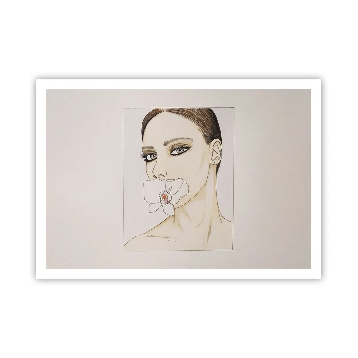 Plakat - Portret kobiety z orchideą w delikatnych barwach - 100x70cm - Symbol elegancji i piękna - Nowoczesna dekoracja ścienna do salonu i sypialni ARTTOR