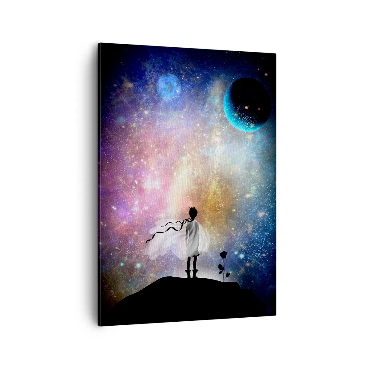 Obraz na płótnie - Magiczny portret Małego Księcia stojącego na planecie w otoczeniu gwiazd i planet - 50x70cm - Mały Książę - Nowoczesna dekoracja ścienna do salonu, kuchni i sypialni ARTTOR
