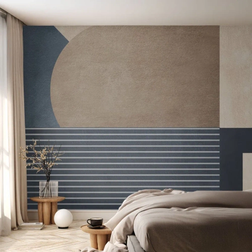 Fototapeta Premium Canvas - Geometryczne figury w odcieniach beżu i granatu z liniami - 100x70cm - Kompozycja prostoty i krągłości - Nowoczesna dekoracja ścienna do salonu i sypialni ARTTOR