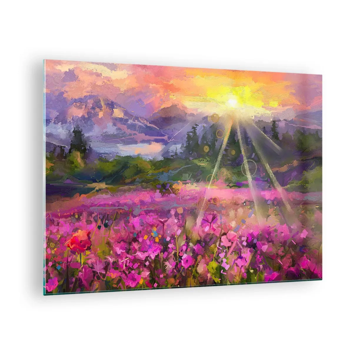 Obraz na szkle - Malownicza dolina pełna kwiatów oświetlona promieniami słońca - 70x50cm - W dolinie pod opieką słońca - Nowoczesna dekoracja ścienna do salonu i sypialni ARTTOR