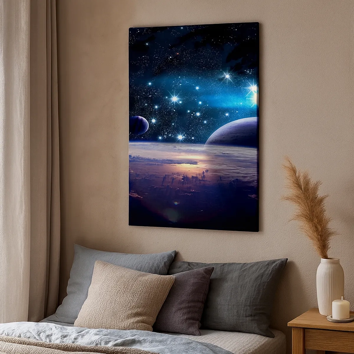 Obraz na płótnie - Kosmiczny pejzaż z planetami i gwiazdami - 50x70cm - Wciąż sami? - Nowoczesna dekoracja ścienna do salonu, kuchni i sypialni ARTTOR