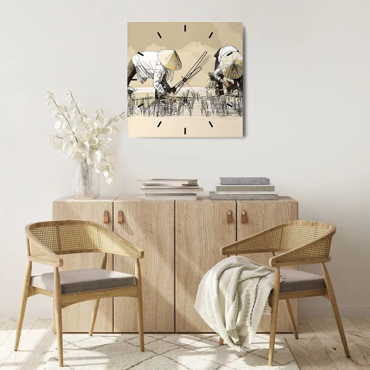 Zegar ścienny - Pracujący rolnicy w polu ryżowym z tradycyjnymi nakryciami głowy - 30x30cm - Udanych zbiorów - Nowoczesna dekoracja ścienna do salonu i sypialni ARTTOR