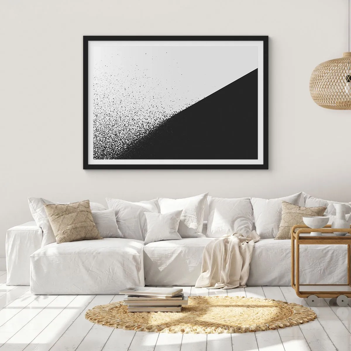 Plakat w czarnej ramie - Minimalistyczna abstrakcja w czerni i bieli z rozproszonymi kropkami - 100x70cm - Coraz szybciej, coraz więcej - Nowoczesna dekoracja ścienna do salonu i sypialni ARTTOR