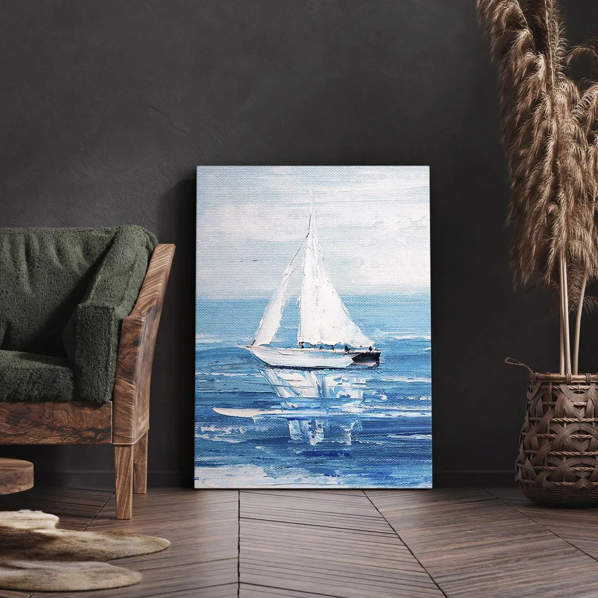 Obraz na płótnie - Biała żaglówka na spokojnym, błękitnym morzu w malarskim stylu - 50x70cm - Z przyjacielem u boku - Nowoczesna dekoracja ścienna do salonu, kuchni i sypialni ARTTOR