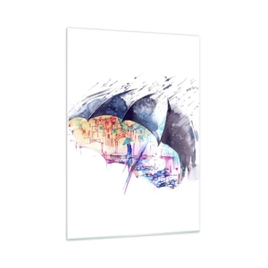 Obraz na szkle - Kolorowe miasto w tle pod czarnym parasolem - 50x70cm - Spacer w deszczu - Nowoczesna dekoracja ścienna do salonu, kuchni i sypialni ARTTOR