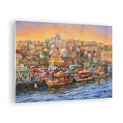 Obraz na szkle - Kolorowy port z łodziami i panoramą miasta o zachodzie słońca - 70x50cm - Stambulska opowieść - Nowoczesna dekoracja ścienna do salonu i sypialni ARTTOR