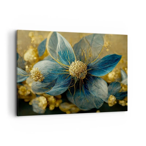 Obraz na płótnie - Eleganckie kwiaty w odcieniach niebieskiego i złota - 100x70cm - Zakwitnąć złotem - Nowoczesna dekoracja ścienna do salonu, kuchni i sypialni ARTTOR