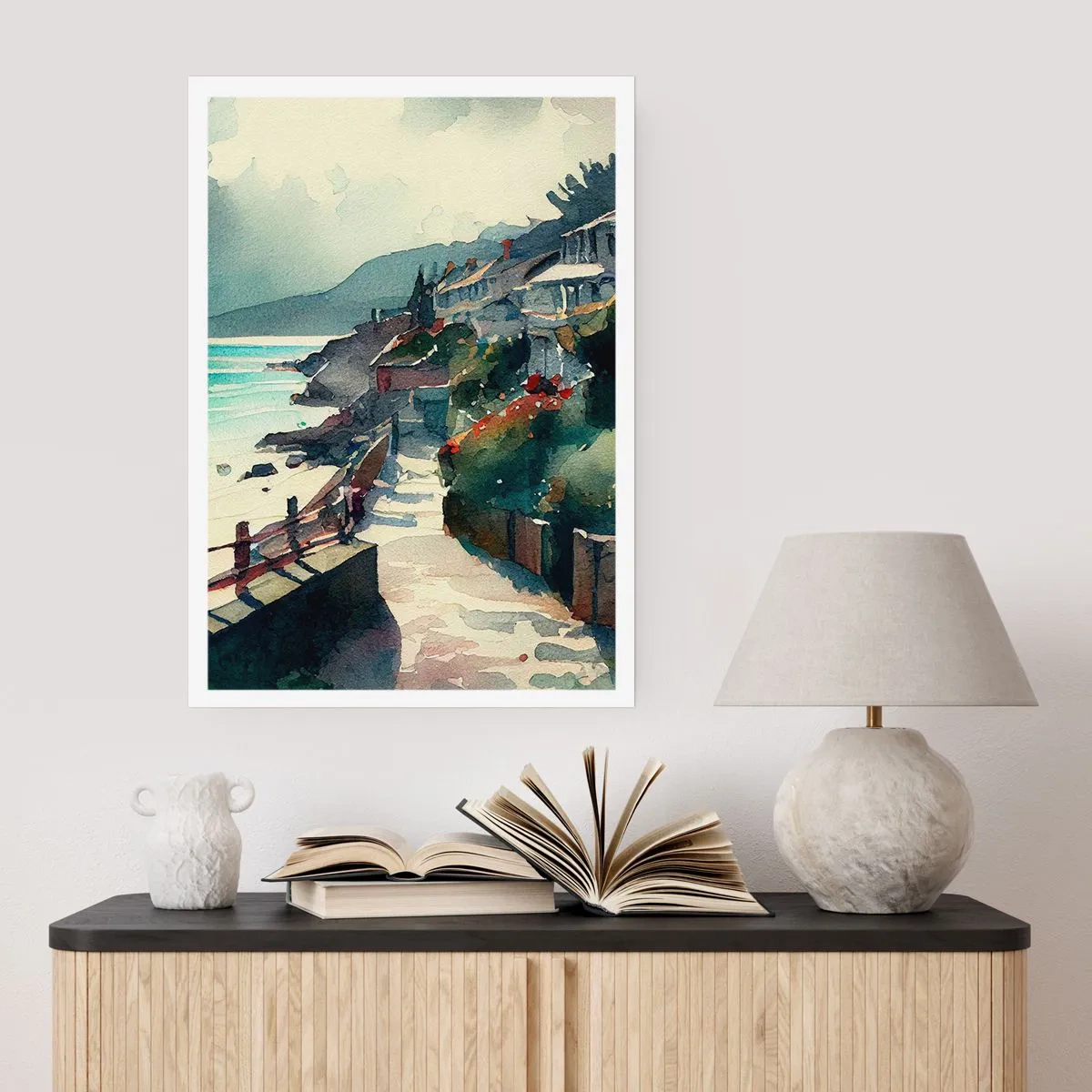 Plakat - Malownicza nadmorska ścieżka w akwarelowym stylu - 50x70cm - Śródziemnomorskie miasteczko - Nowoczesna dekoracja ścienna do salonu, kuchni i sypialni ARTTOR