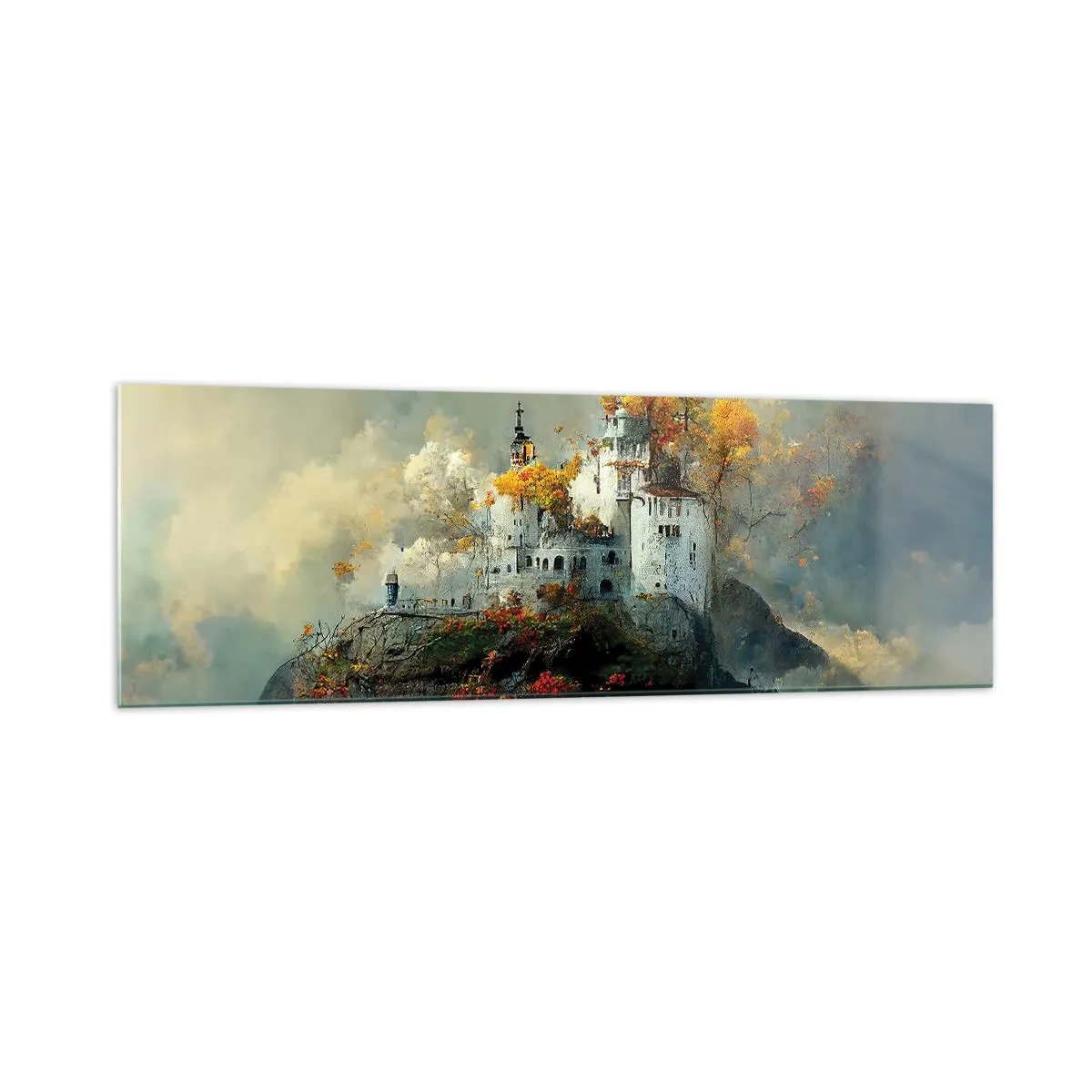 Obraz na szkle - Zamek na wzgórzu otoczony jesiennymi drzewami - 160x50cm - Początek romantycznej opowieści - Nowoczesna dekoracja ścienna do salonu i sypialni ARTTOR