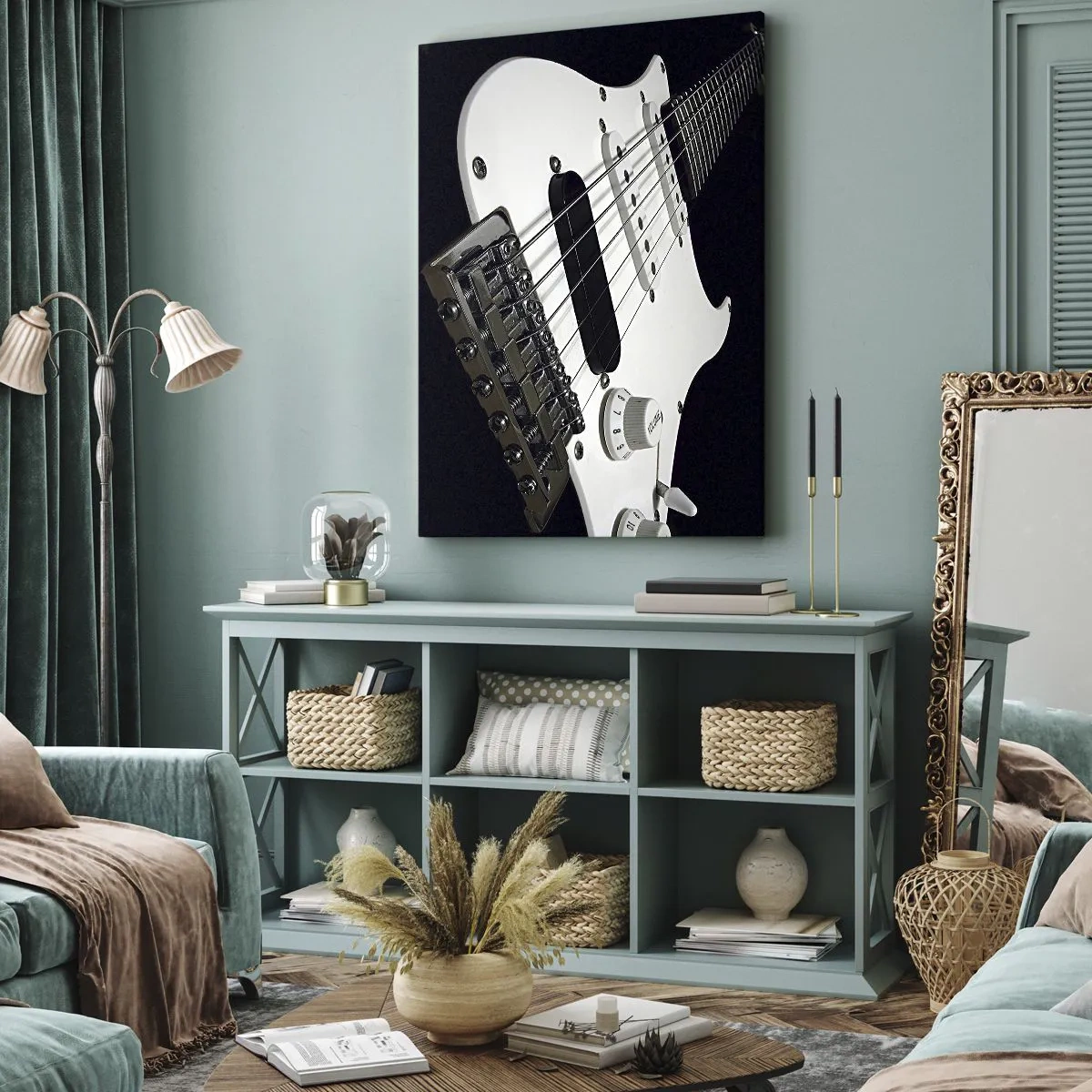 Obraz na płótnie - Biała gitara elektryczna w zbliżeniu na czarnym tle. - 80x120cm - Ukryty w bieli dźwięk - Nowoczesna dekoracja ścienna do salonu i sypialni ARTTOR