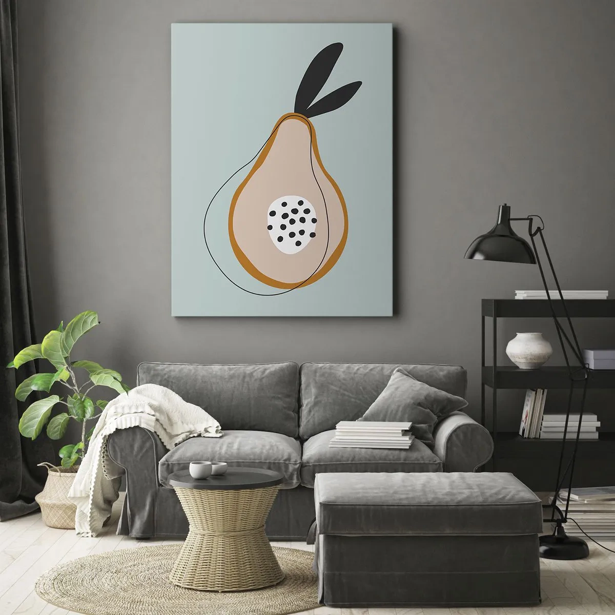 Obraz na płótnie - Abstrakcyjna gruszka w stylu minimalistycznym na pastelowym tle - 50x70cm - Przeniknąć w naturę rzeczy - Nowoczesna dekoracja ścienna do salonu, kuchni i sypialni ARTTOR