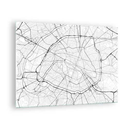 Obraz na szkle - Czarno-biała mapa miasta z siatką ulic i okrężnymi arteriami - 70x50cm - Kwiat Paryża - Nowoczesna dekoracja ścienna do salonu i sypialni ARTTOR