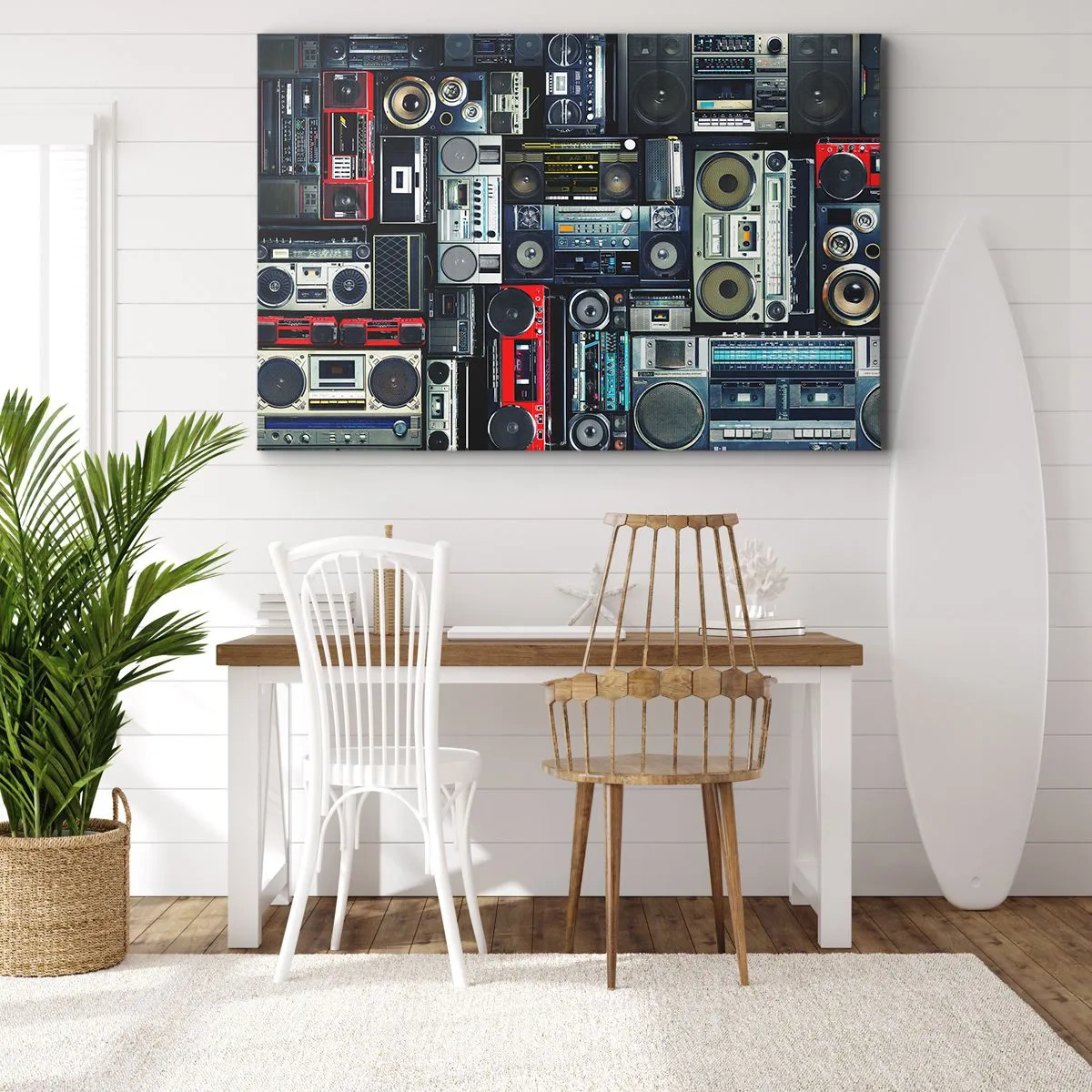 Obraz na płótnie - Kolaż retro magnetofonów i głośników w stylu vintage - 70x50cm - Tęsknota za latami 80. - Nowoczesna dekoracja ścienna do salonu i sypialni ARTTOR