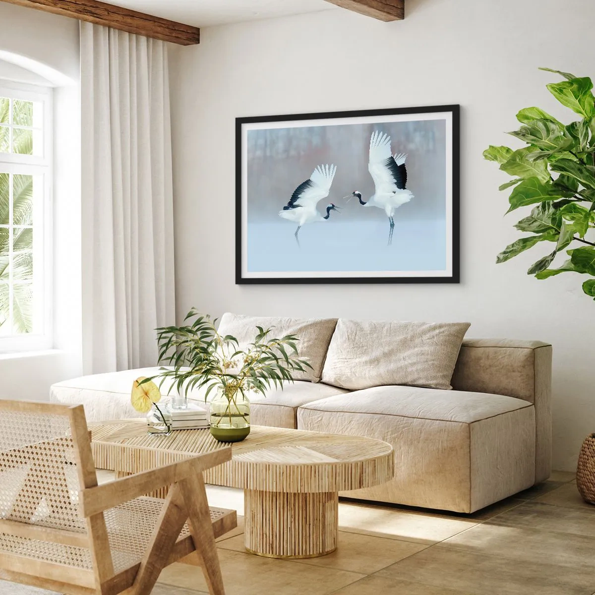Plakat w czarnej ramie - Dwa żurawie tańczące w mglistej scenerii - 100x70cm - Taniec we mgle - Nowoczesna dekoracja ścienna do salonu i sypialni ARTTOR
