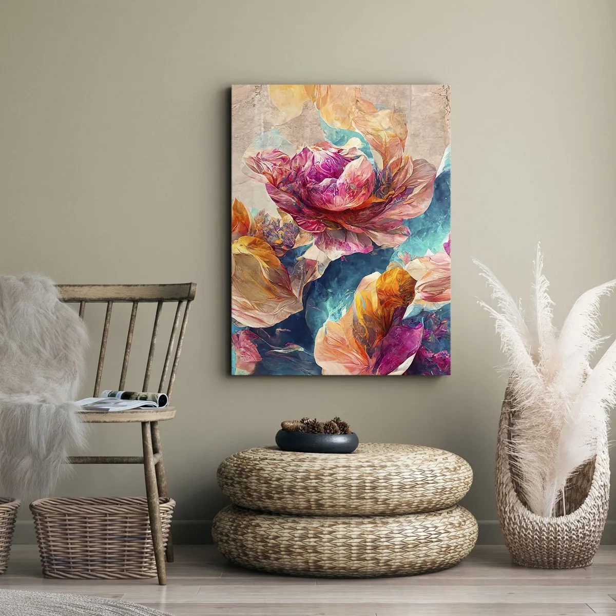 Obraz na płótnie - Kolorowe kwiaty w odcieniach różu, pomarańczu i błękitu - 50x70cm - Barwny przepych bukietu - Nowoczesna dekoracja ścienna do salonu, kuchni i sypialni ARTTOR