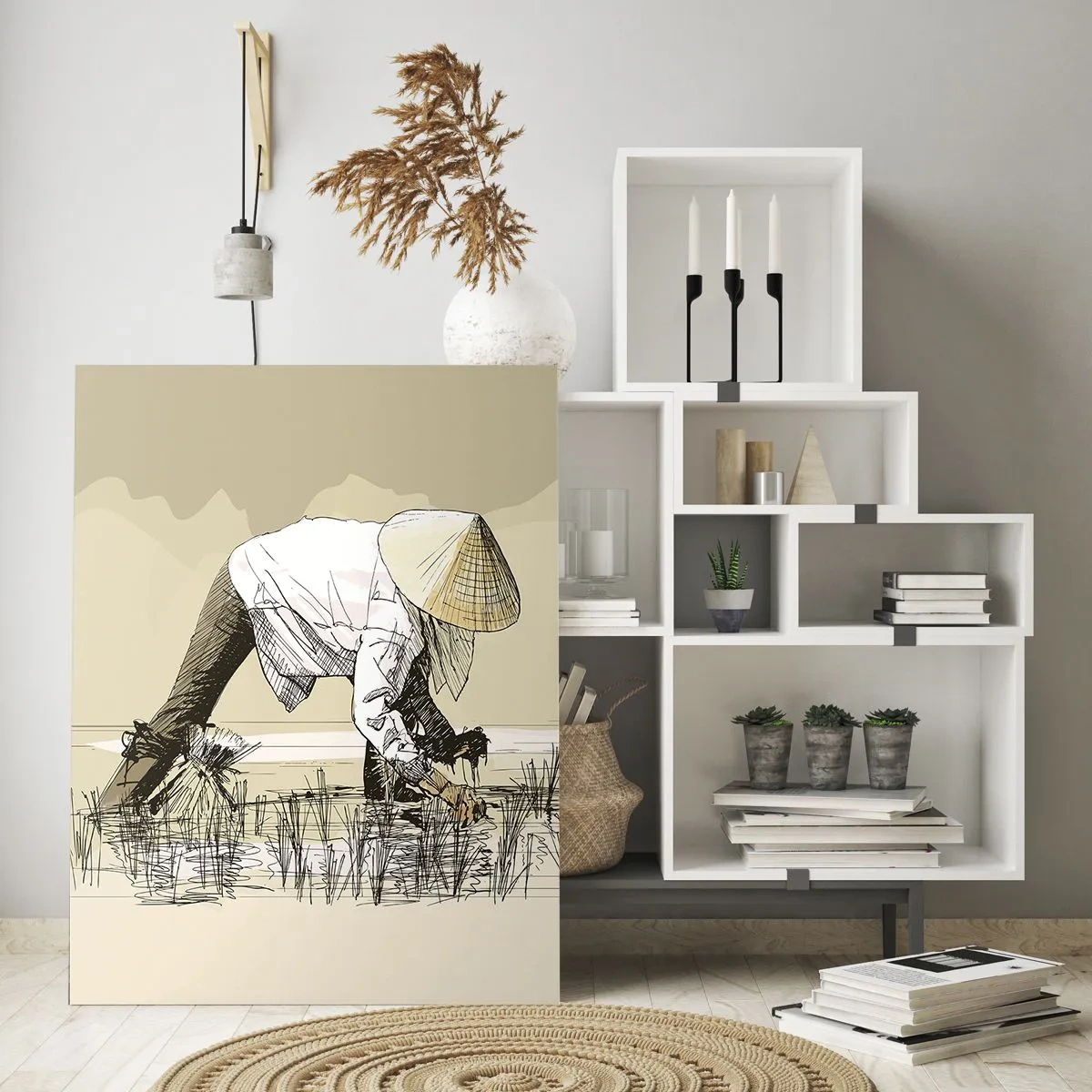 Obraz na szkle - Minimalistyczna ilustracja pracujących rolników - 50x70cm - Udanych zbiorów - Nowoczesna dekoracja ścienna do salonu, kuchni i sypialni ARTTOR