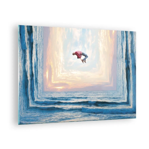 Obraz na szkle - Mężczyzna wykonujący skok nad morzem w surrealistycznej ramie - 70x50cm - Do innego wymiaru - Nowoczesna dekoracja ścienna do salonu i sypialni ARTTOR
