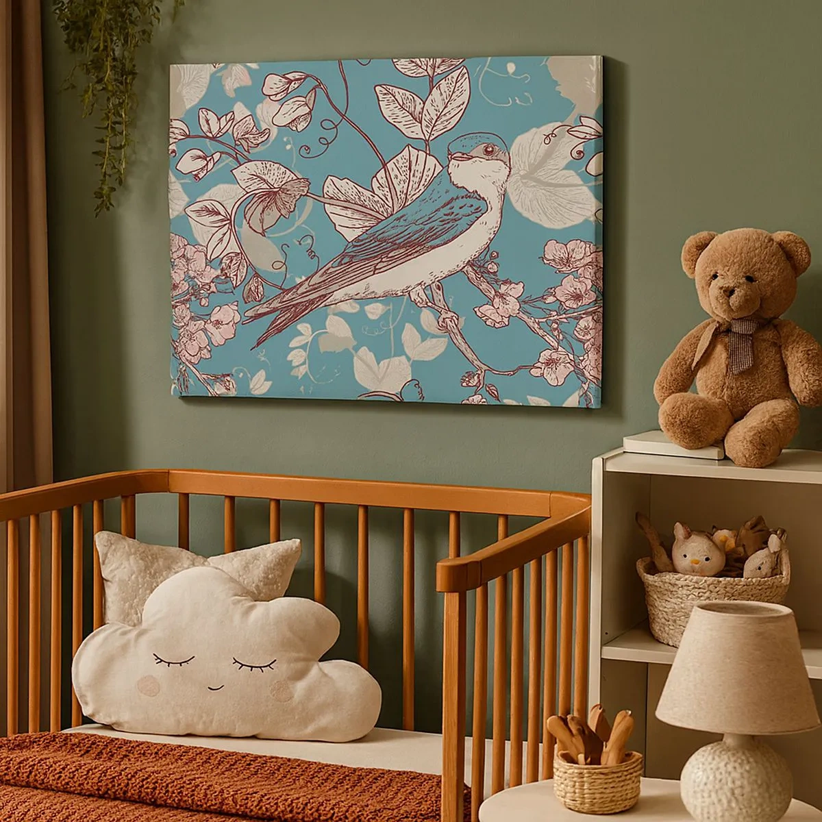 Obraz na płótnie - Ptak na gałęzi w delikatnym floralnym stylu - 70x50cm - W białodrzewiu ćwirnie i srebliście - Nowoczesna dekoracja ścienna do salonu i sypialni ARTTOR