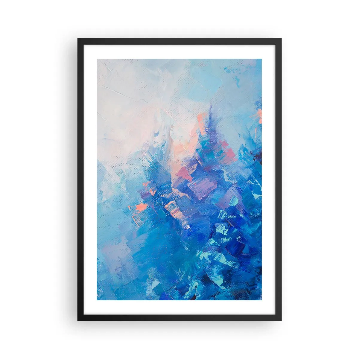 Plakat w czarnej ramie - Abstrakcyjna kompozycja w odcieniach błękitu i różu inspirowana zimowym krajobrazem - 50x70cm - Zimowa abstrakcja - Nowoczesna dekoracja ścienna do salonu i sypialni ARTTOR