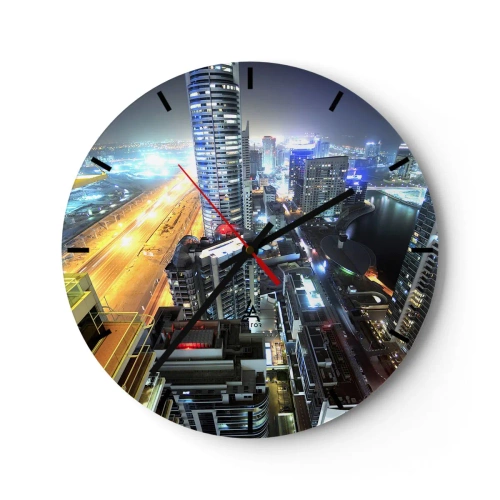 Zegar ścienny - Panorama nocna miasta z wieżowcami i światłami ulic - 30x30cm - Cud na pustyni - Nowoczesna dekoracja ścienna do salonu, kuchni i sypialni ARTTOR
