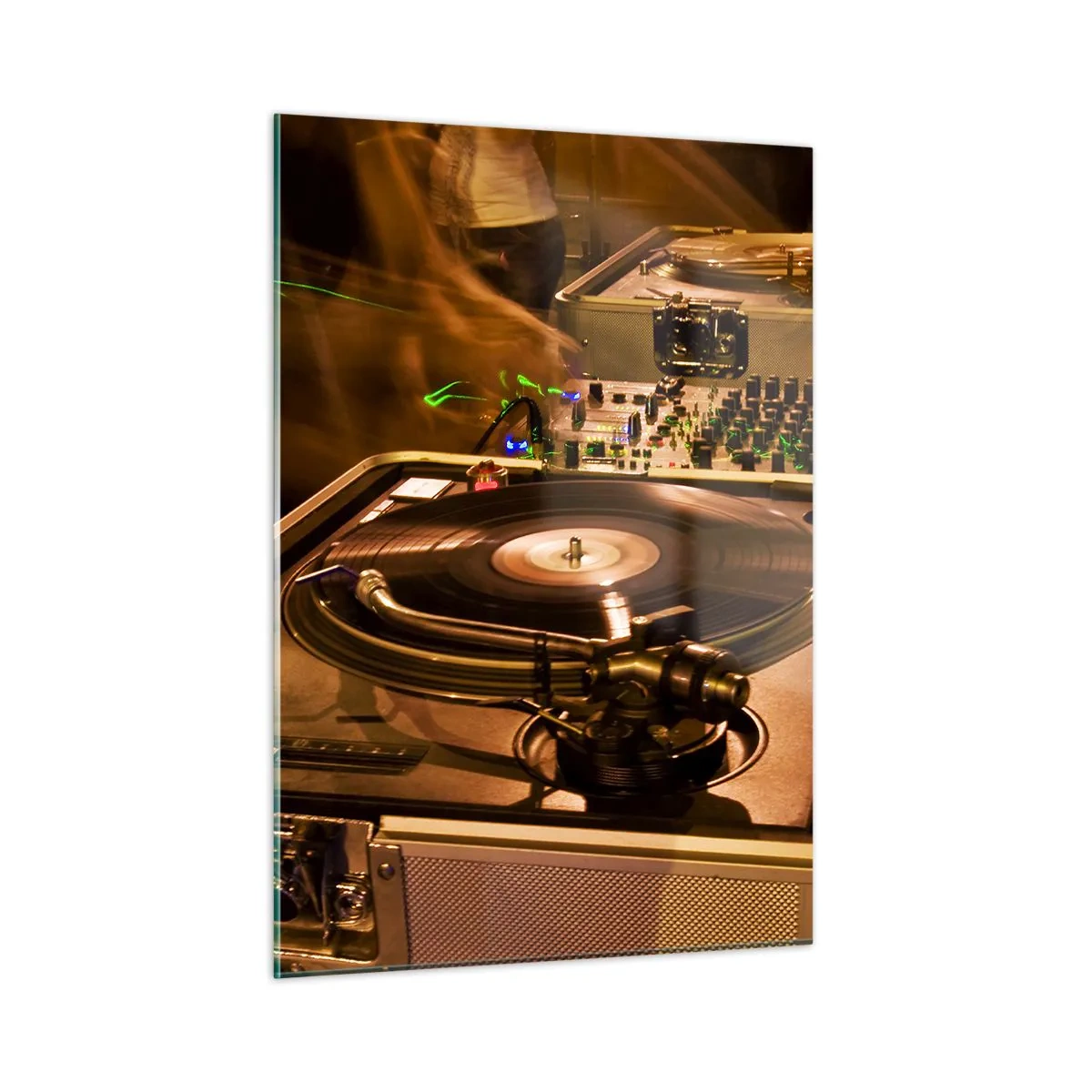 Obraz na szkle - Gramofon na tle imprezy z dynamicznymi efektami świetlnymi - 50x70cm - Czujesz tę moc? - Nowoczesna dekoracja ścienna do salonu, kuchni i sypialni ARTTOR