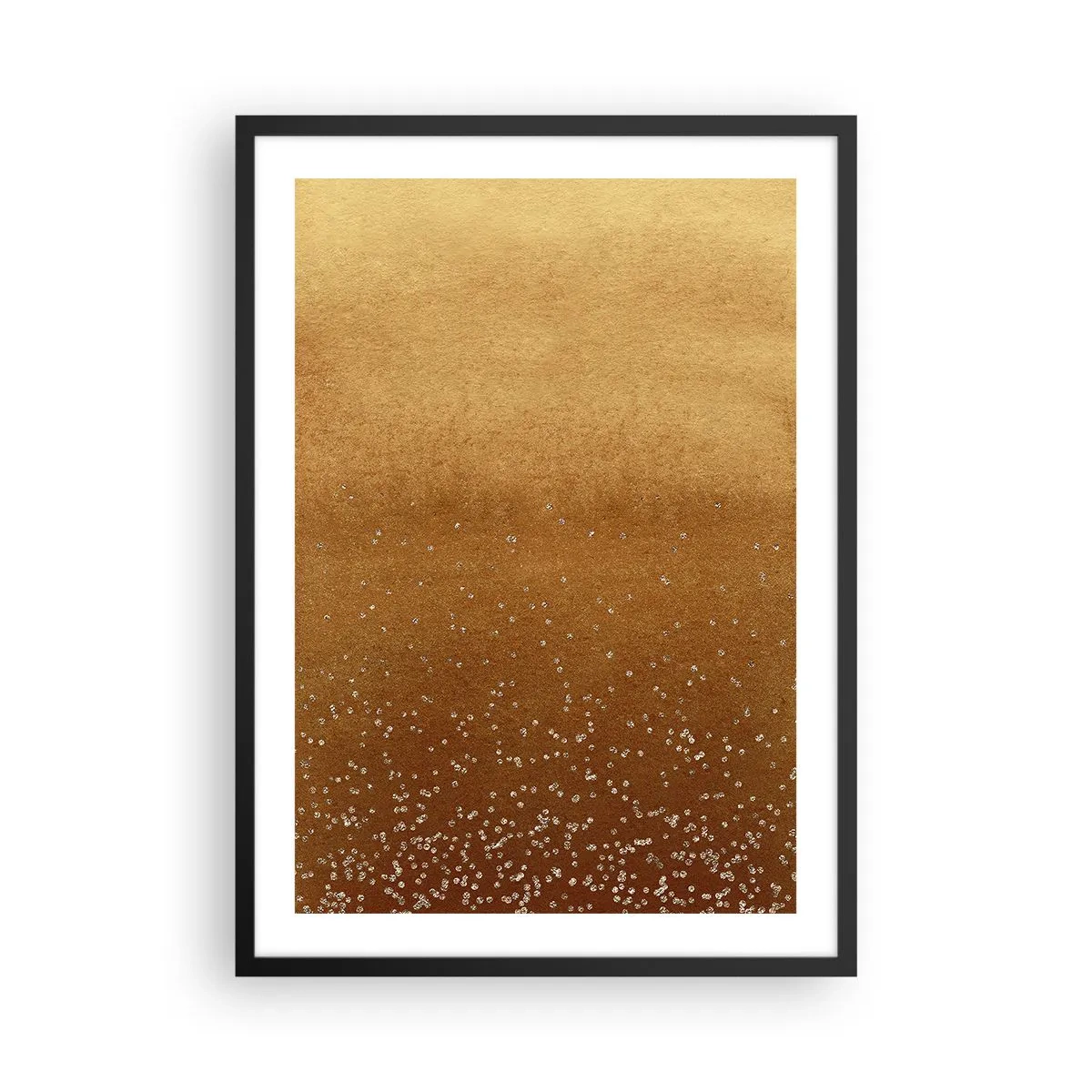 Plakat w czarnej ramie - Złoty gradient z drobnymi błyszczącymi elementami - 50x70cm - Narodziny światła - Nowoczesna dekoracja ścienna do salonu i sypialni ARTTOR
