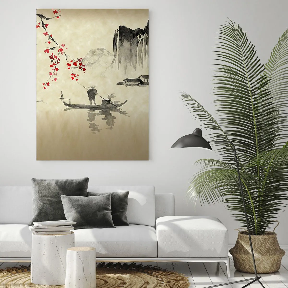 Obraz na szkle - Orientalna scena rybacka z gałęzią kwitnącej wiśni i górami - 50x70cm - W kraju kwitnącej wiśni - Nowoczesna dekoracja ścienna do salonu, kuchni i sypialni ARTTOR